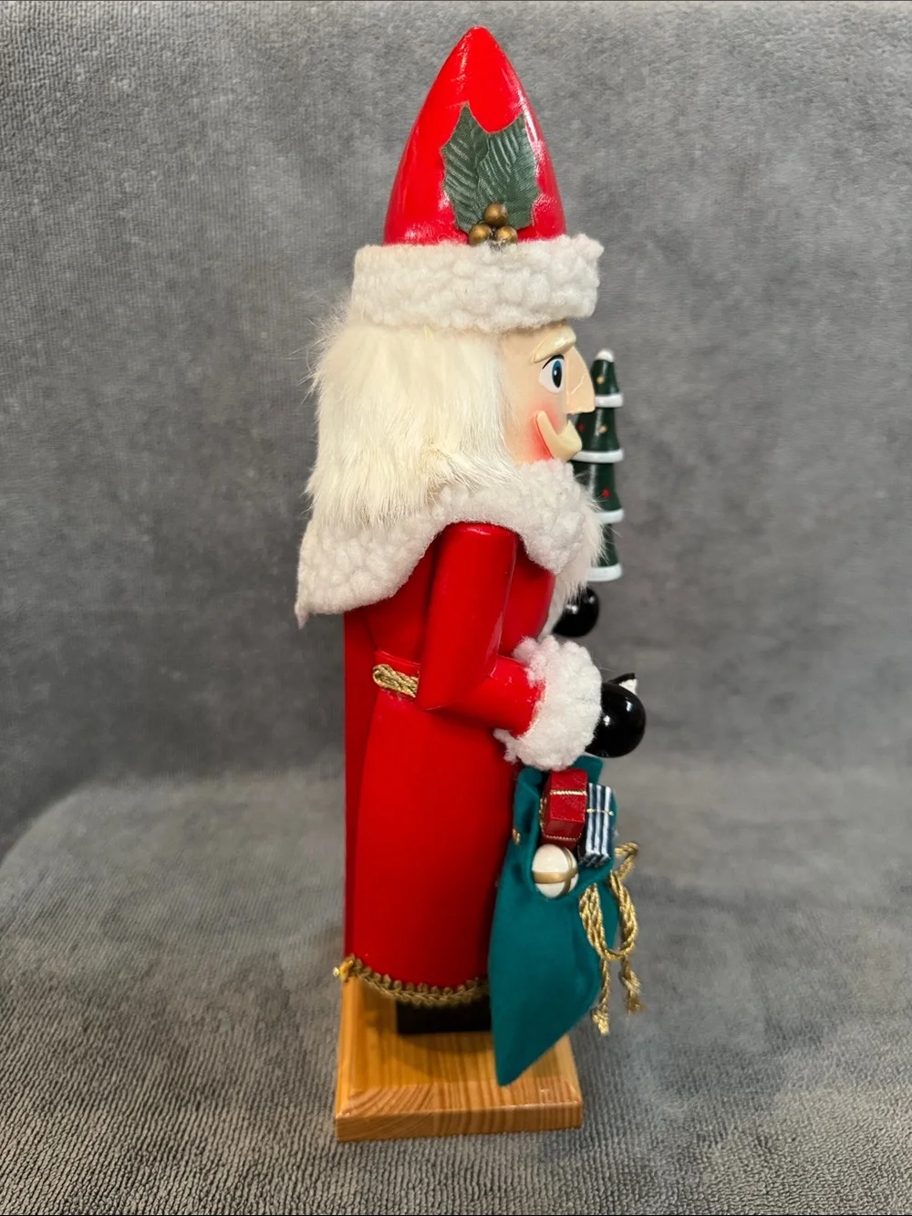 1990s 13.75 inch Santa Nutcracker with Green Tree and Sack of Toys Holiday Decor